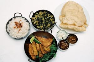 Tali Machchi with Saag and fragrant rice