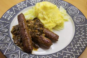 Venison Sausages with Wild Mushrooms and Mustard Mash