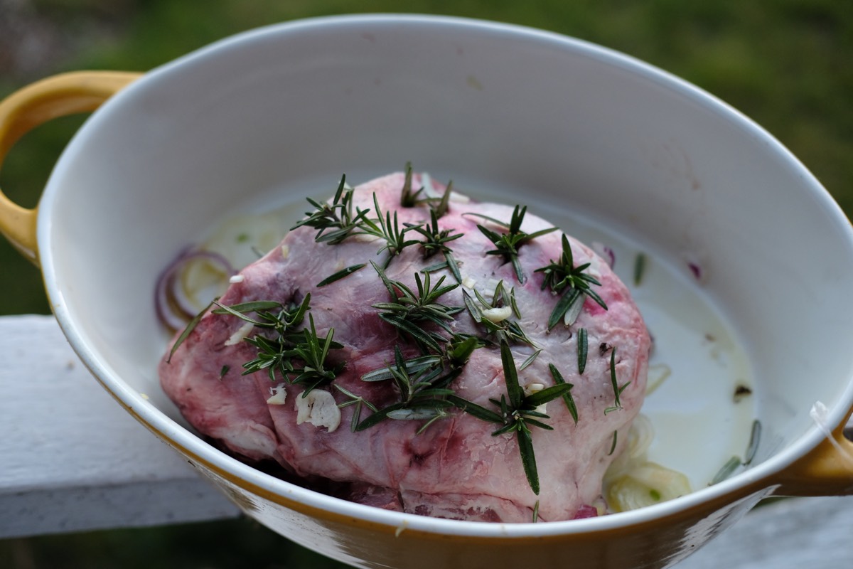 Prepared Shoulder of Lamb with Garlic, Rosemary and Anchovies, ready to cook.