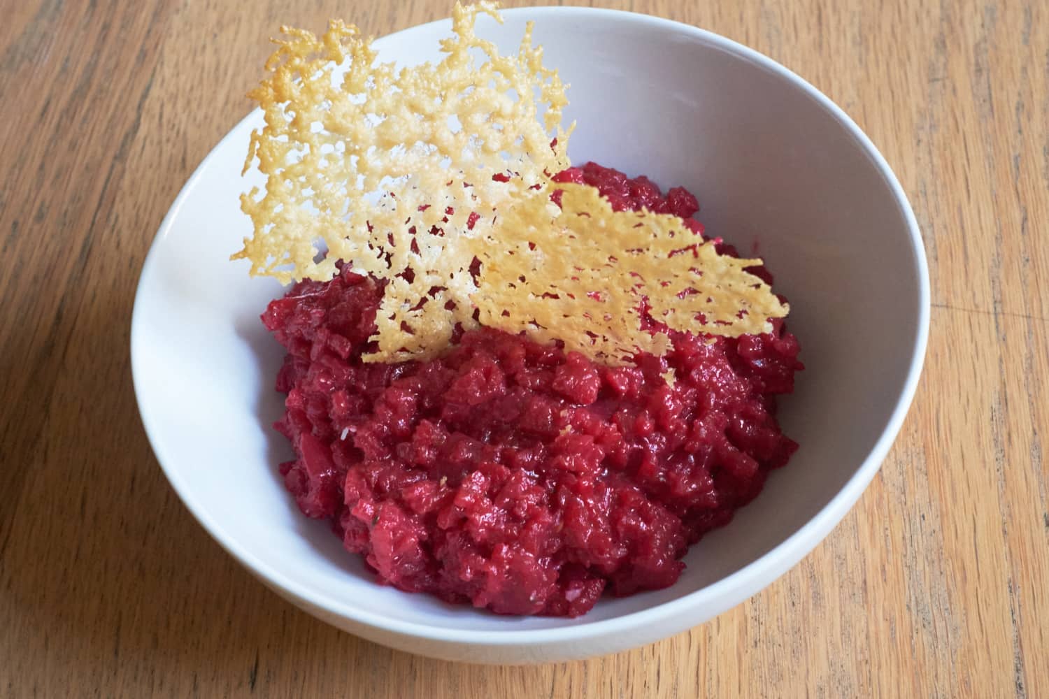 Beetroot Risotto, alternative serving idea with Parmesan Wafers
